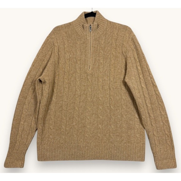Brooks Brothers Other - Brooks Brothers Sweater Mens L Tan Cable Knit 1/4 Zip Wool Mock Neck Pullover